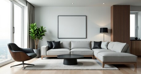 Fototapeta premium Modern Living Room with Elegant Furniture, Green Plant, and Natural Light Design