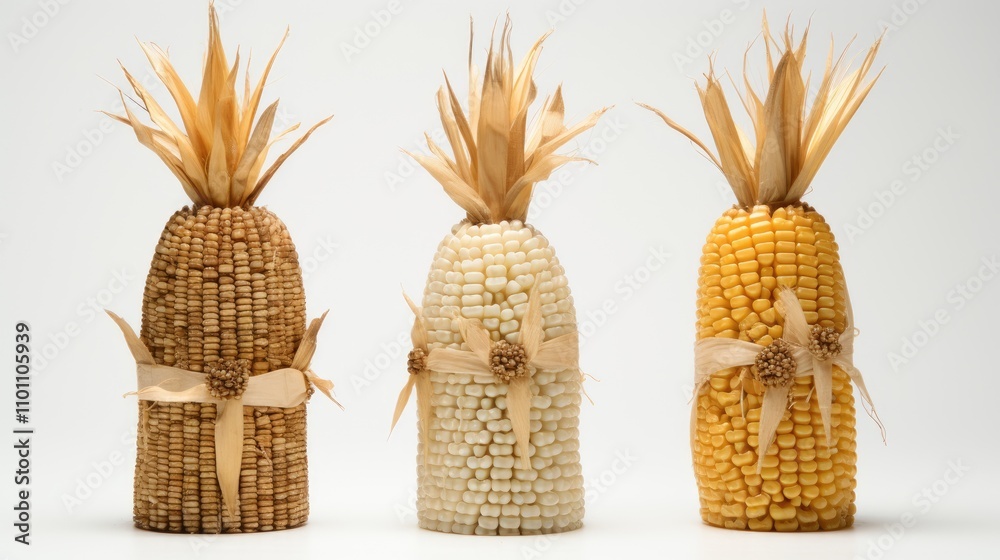Poster three decorative corn kings crafted from natural materials displayed on a clean white background sho