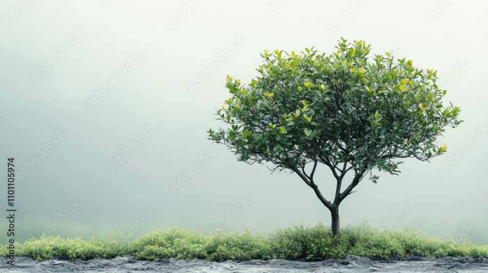 Poster Decorative solitary tree with vibrant foliage isolated on a soft background ideal for nature themes and design projects with text space