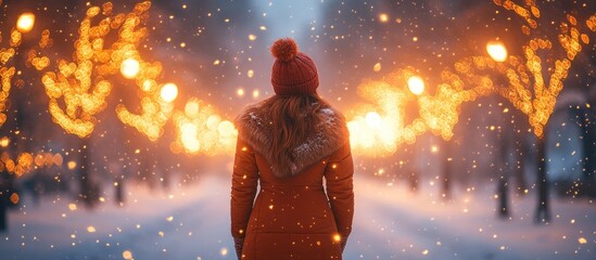 Naklejka premium Woman in winter fur coat walks through a snowy festive park illuminated by glowing lights and falling snowflakes.