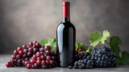 Elegant bottle of red wine surrounded by fresh red and black grapes on a textured surface with neutral background lighting