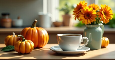 Obraz premium Autumn Vibes: Cozy Coffee Cup with Pumpkins and Sunflowers on Wooden Table