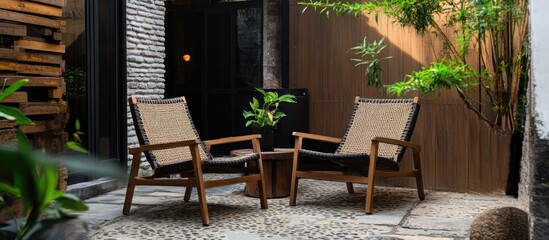 Obraz premium Cozy outdoor seating in a small hotel yard surrounded by greenery with two ergonomic chairs and a rustic ambiance