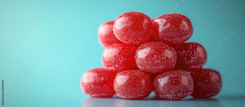 Poster stack of red jelly candies on a vibrant turquoise background showcasing texture and color contrast f