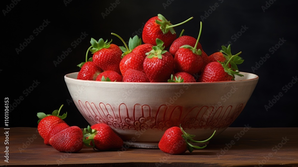 Aufkleber fresh strawberries displayed in a decorative ceramic bowl on a rustic wooden table with a dark backg