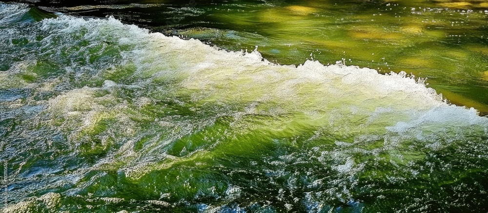 Poster Rippling water texture in a flowing river creating a natural backdrop with vibrant green reflections and dynamic wave patterns.