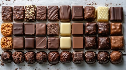 Assorted gourmet chocolate bars neatly arranged in a box on a rustic white wooden background showcasing a variety of textures and flavors