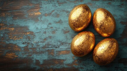 Fototapeta premium Golden Easter eggs on rustic wooden tabletop background, perfect for spring celebrations and holiday-themed decorations.