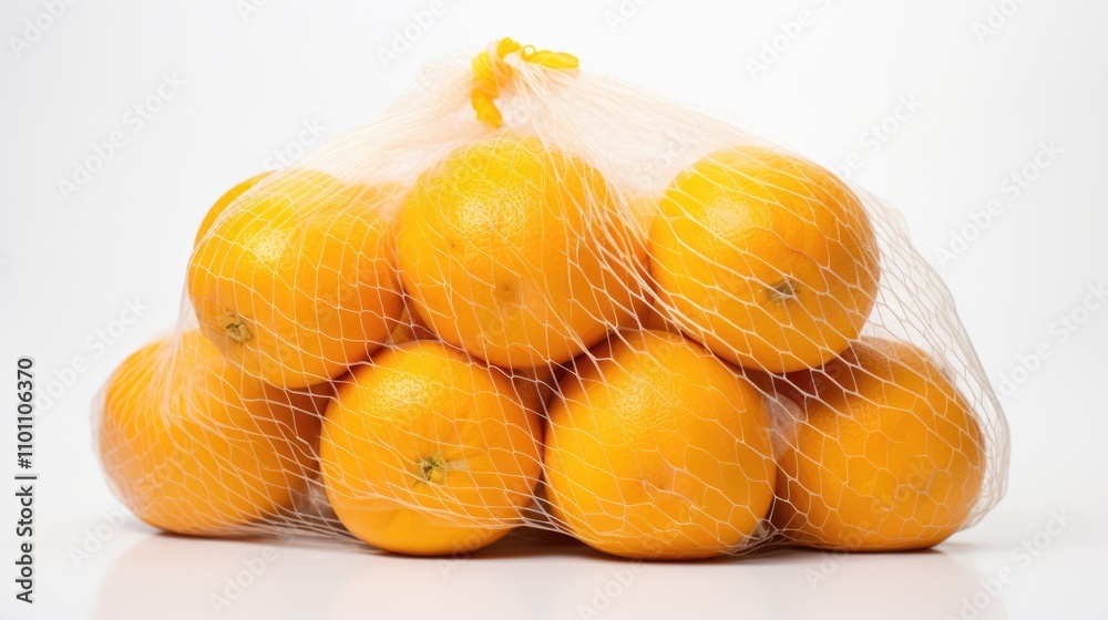 Leinwandbilder packed fresh sweet oranges in yellow netting on a clean white background with ample blank space for 