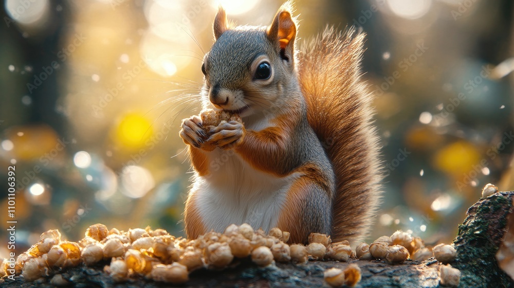 Poster squirrel happily munching on food atop a log in a serene natural setting surrounded by soft bokeh an