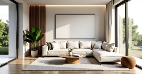 Fototapeta premium Modern Minimalist Living Room with Cozy Sofa and Large Windows Bringing in Natural Light