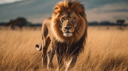 Fototapeta premium Majestic East African Lion Roaming Freely in Lush Savanna Grassland Under Bright Blue Sky