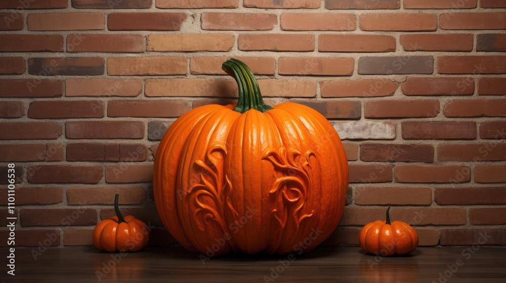 Poster intricately carved orange pumpkin display against rustic brick wall with smaller pumpkins creating a