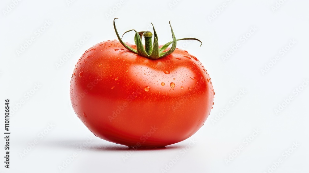 Poster fresh red tomato with dew drops on a white background highlighting its texture and vibrant color for