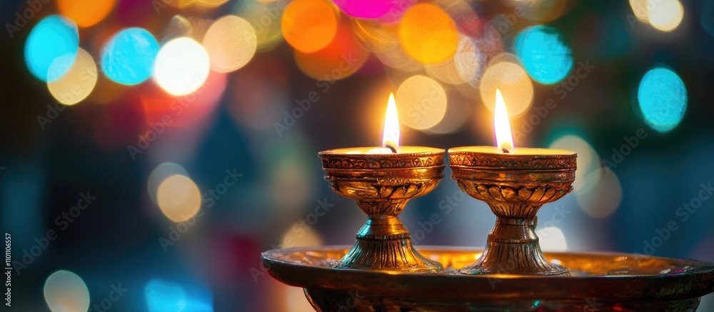 Aufkleber Decorative candles illuminated on a tray with vibrant bokeh lights creating a warm and inviting atmosphere during a festive celebration