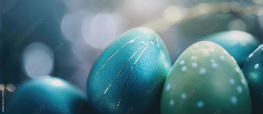 Poster Colorful decorated eggs symbolizing spring and renewal with a soft bokeh background creating a serene and festive atmosphere.