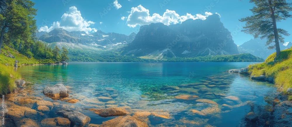 Poster breathtaking panoramic view of serene lake surrounded by majestic mountains and vibrant sky with clo