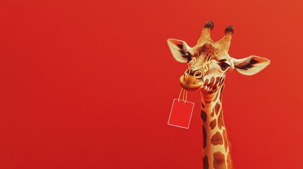 Obraz premium Giraffe in Human Attire Pointing at Red Background