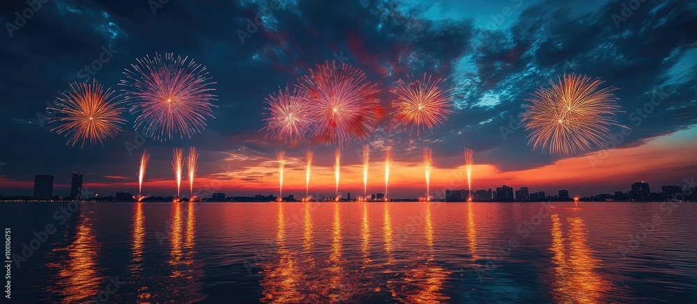 Poster Colorful fireworks display over calm water at twilight with sky reflections and dramatic clouds creating a festive atmosphere.