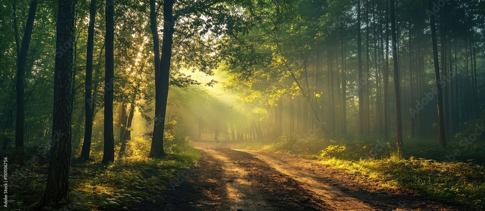 Poster serene forest path illuminated by golden sunlight filtering through lush green trees creating a tran