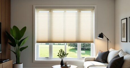 Fototapeta premium Bright and Cozy Living Room with Modern Blinds, Plants, and Comfortable Seating