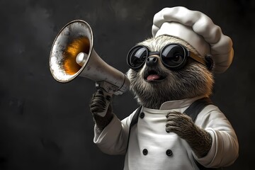 Fototapeta premium A cute raccoon character concept chef hold megaphone 3D clipart illustration, with isolated white background