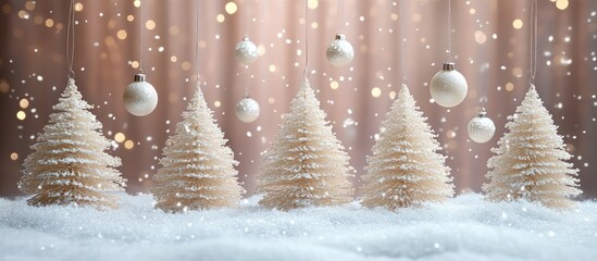 White holiday toy Christmas trees suspended with ornaments on a snowy backdrop creating a festive and enchanting winter scene.