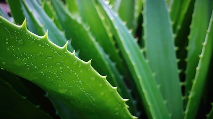 Aloe vera plant with fresh droplets in a lush garden setting showcasing its vibrant green leaves and distinct spiky texture.