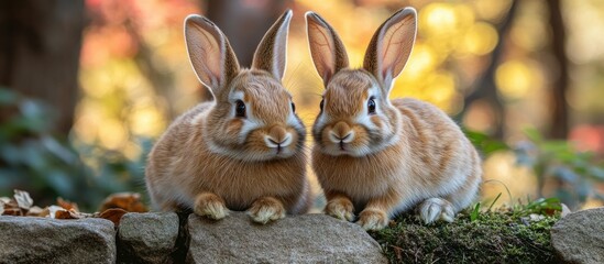Obraz premium Adorable brown rabbits resting together on grassy stone ledge in a serene outdoor setting surrounded by autumn foliage.