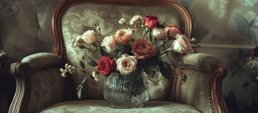 Elegant still life of gipsofila and assorted rose flowers in a vintage glass vase atop a classic armchair in a charming interior setting