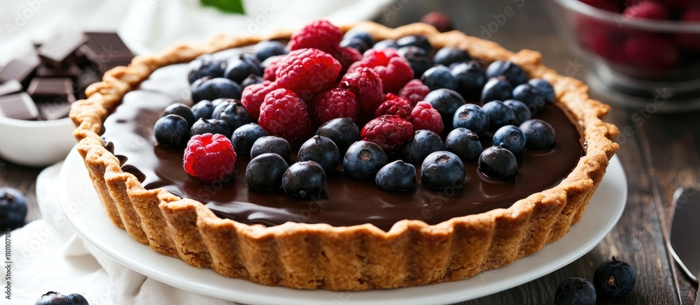 Poster chocolate tart topped with fresh raspberries and blueberries on a wooden table surrounded by chocola