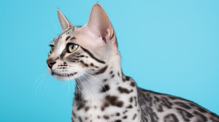 Fototapeta premium Spotted domestic cat portrait against a light blue backdrop showcasing its unique coat and expressive features.