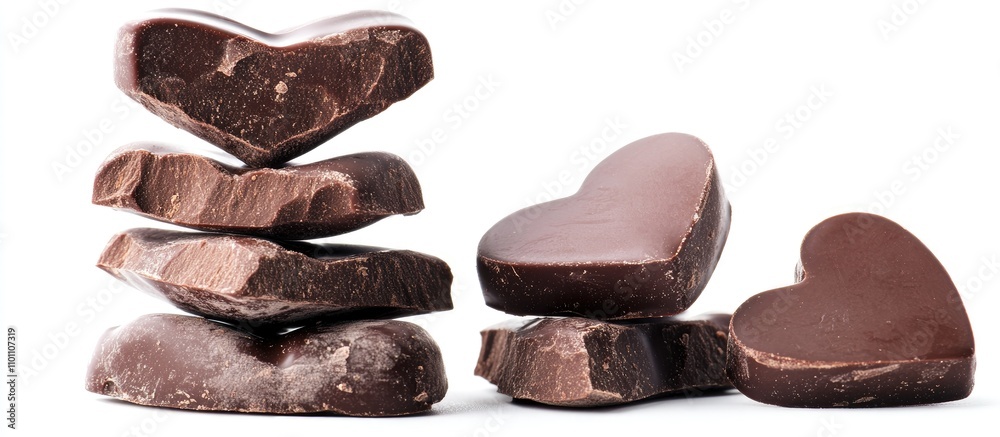 Poster sweet chocolate heart stack on white background showcasing rich textures and delightful shapes perfe
