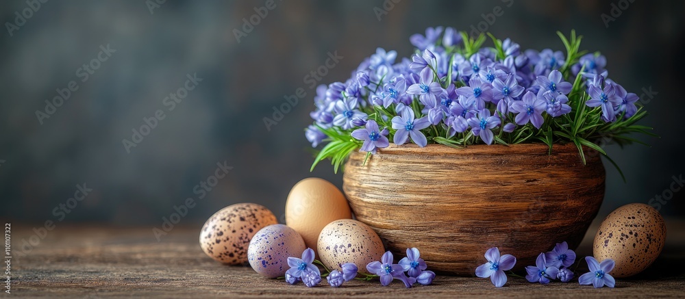 Poster spring floral arrangement with bluebells and decorative eggs in a rustic basket on a wooden table cr