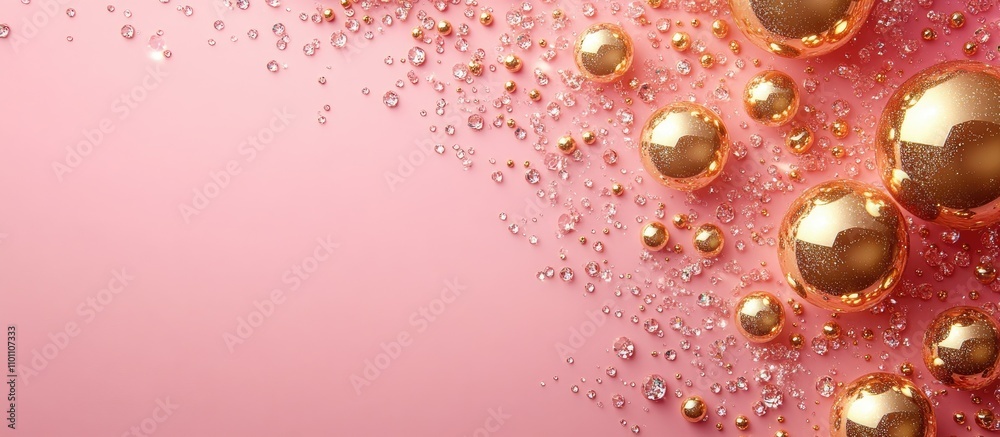 Poster elegant flat lay of shiny gold balls and crystals on a soft pink backdrop for festive or decorative 