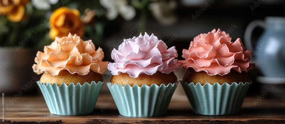 Aufkleber colorful floral cupcake wrappers with decorative icing tops on moist cupcakes presented on a rustic 