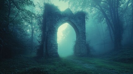 Fototapeta premium Mysterious stone archway in a misty forest.