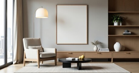 Modern Living Room with Comfortable Chair, Round Coffee Table, and Minimalist Decor