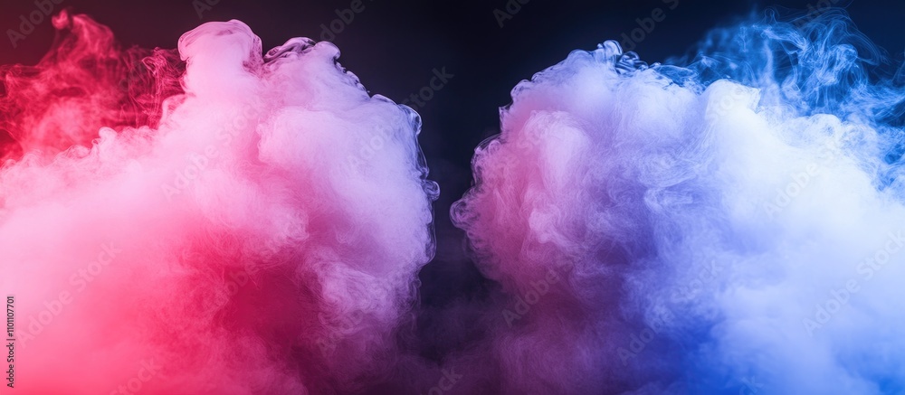 Poster contrast of vibrant smoke in red and blue hues creating a captivating visual sensation of warmth and