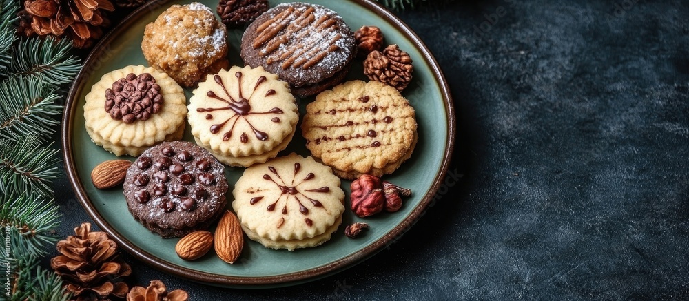 Poster traditional holiday cookies displayed on a green plate surrounded by nuts and pine cones against a r