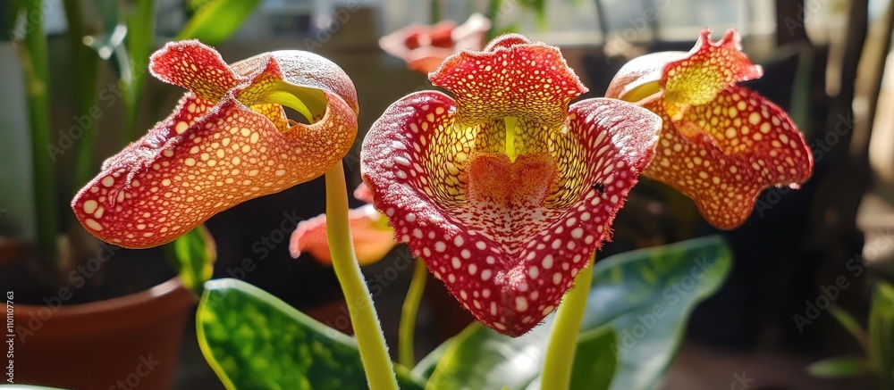 Aufkleber vibrant and unique tropical flower showcasing intricate patterns and colors in a natural garden sett