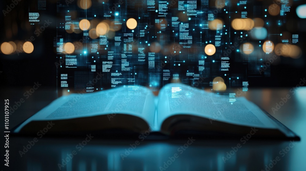 Poster open book with digital data overlay representing knowledge, information, and technology in a modern,