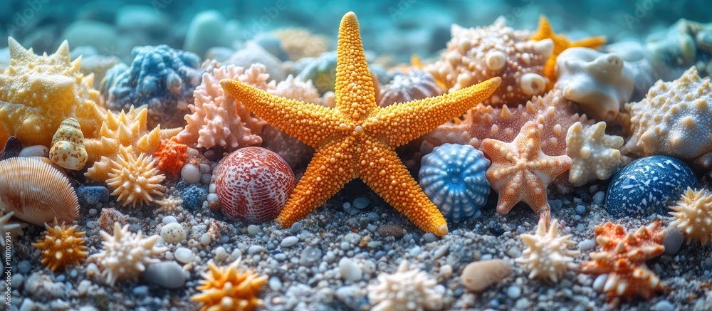 Aufkleber colorful seashells and a vibrant starfish on sandy ocean floor creating a serene and captivating und