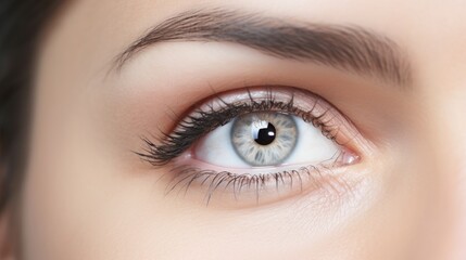 Naklejka premium Close up of a woman's eye showcasing detailed cosmetic application and healthy skin texture isolated on white background