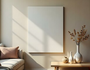 Fototapeta premium A blank white canvas hanging on a wall in a minimalist living room setting, with a wooden table and vases in the foreground, surrounded by a colorful abstract mural and a bright sunny day