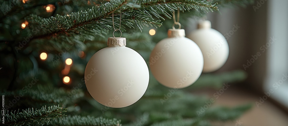 Poster three elegant white ornaments hanging from a christmas tree adorned with warm lights creating a fest