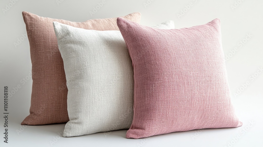Poster Soft pastel pillows arranged elegantly on a minimalistic white background creating a cozy and inviting atmosphere for home decor.