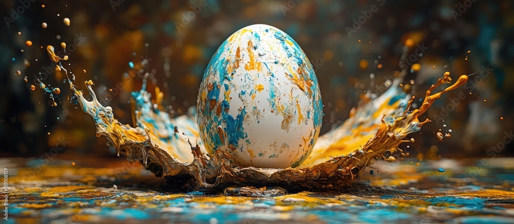 Aufkleber turquoise and yellow paint splashes around a white egg creating an artistic composition with vibrant