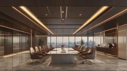 Fototapeta premium Elegant and Sophisticated Corporate Boardroom with Panoramic City Views