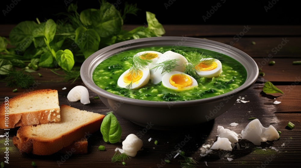 Poster spinach soup with poached eggs fresh croutons and herbs styled on a rustic wooden table for a gourme